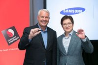 Keith Kressin, senior vice president, product management, Qualcomm Technologies Inc. and Ben Suh, senior vice president, foundry marketing, Samsung, show off the first 10 nanometer mobile processor, the Snapdragon 835, in New York at the Qualcomm Snapdragon Technology Summit.